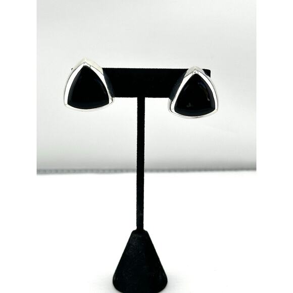 Taxco Mexican Modernist Sterling Earrings Black Onyx Clip On 1"Long Vintage - Picture 2 of 8